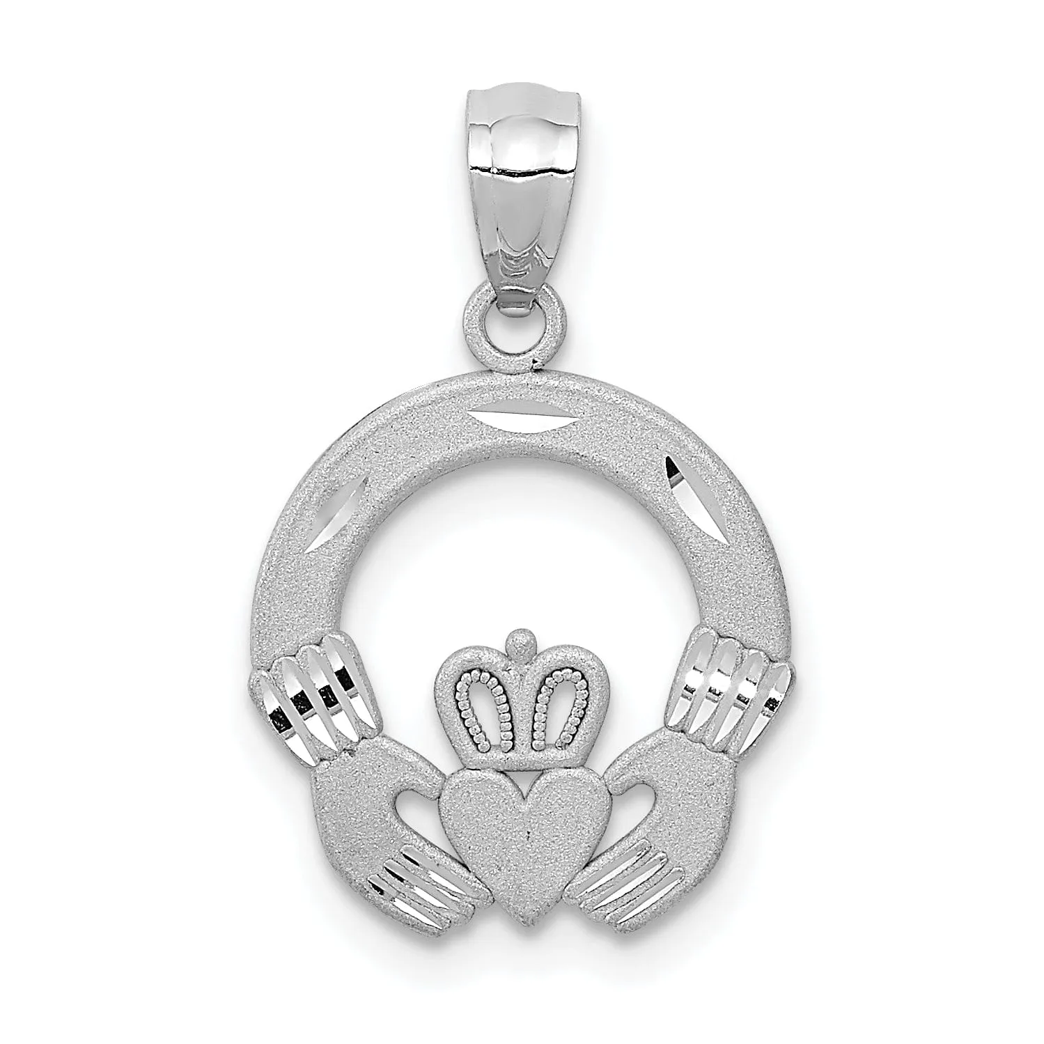 14k White Gold Solid Satin Diamond Cut Finish Flat-Backed Claddagh Design Charm Pendant