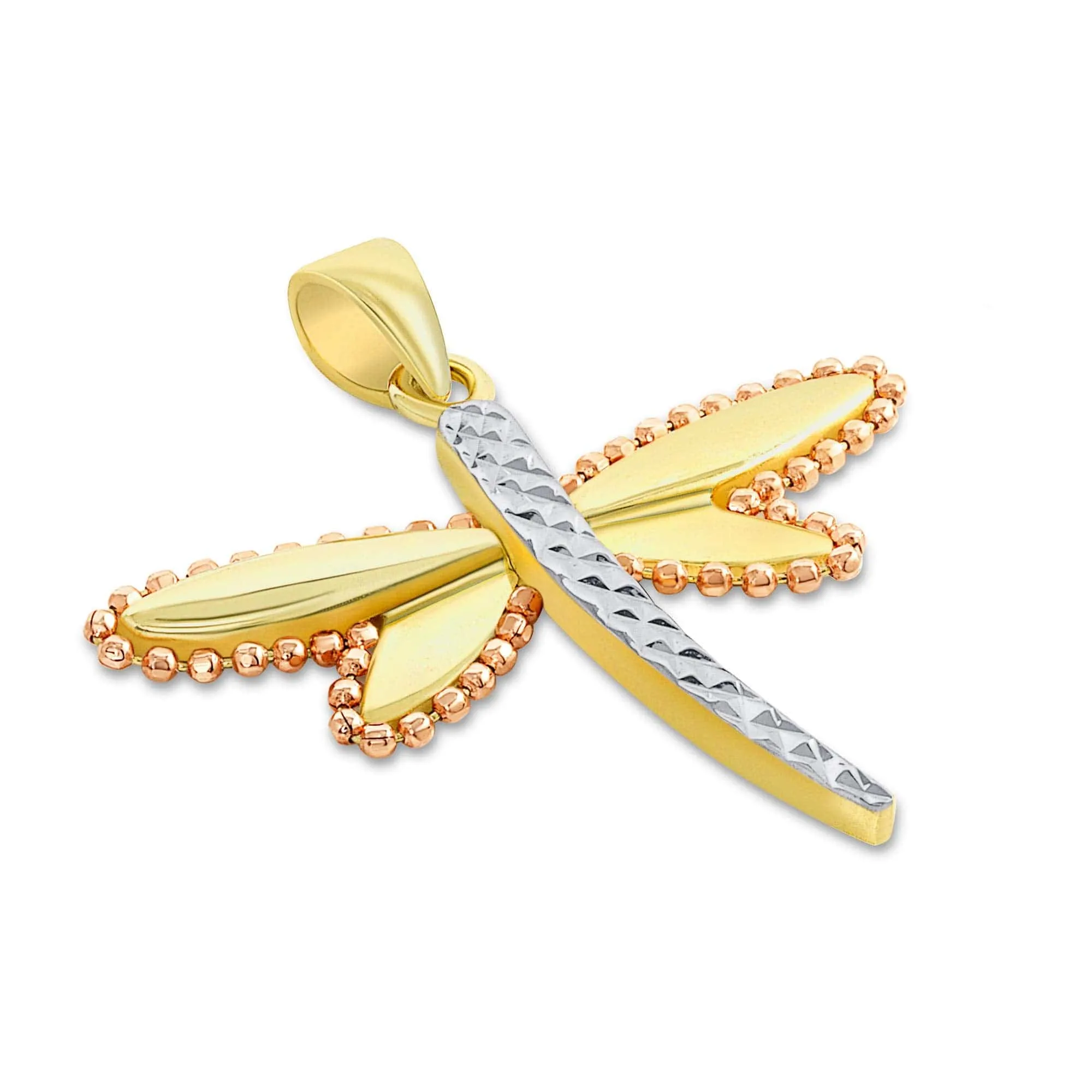 14k Yellow Gold and Rose Gold Beaded Dragonfly Tri-Tone Pendant with Figaro Chain Necklace