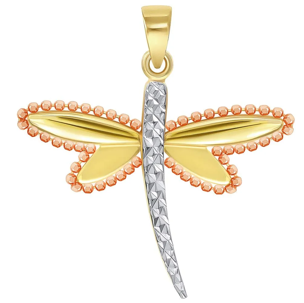 14k Yellow Gold and Rose Gold Beaded Dragonfly Tri-Tone Pendant with Figaro Chain Necklace