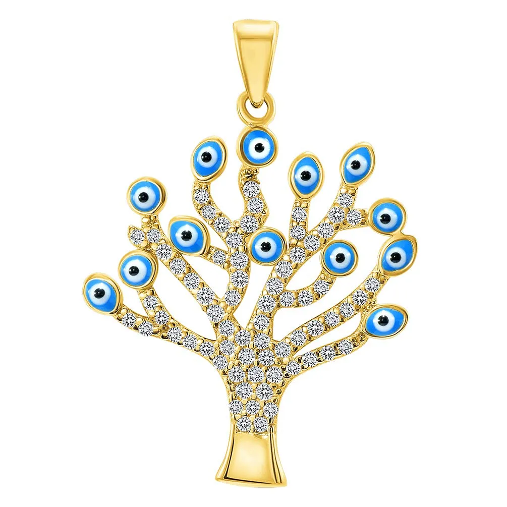 14k Yellow Gold Cubic-Zirconia Blue Evil Eye Tree of Life Pendant with Figaro Chain Necklace