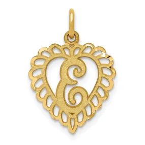 14k Yellow Gold Heart Shape Script Design Letter E Charm Pendant