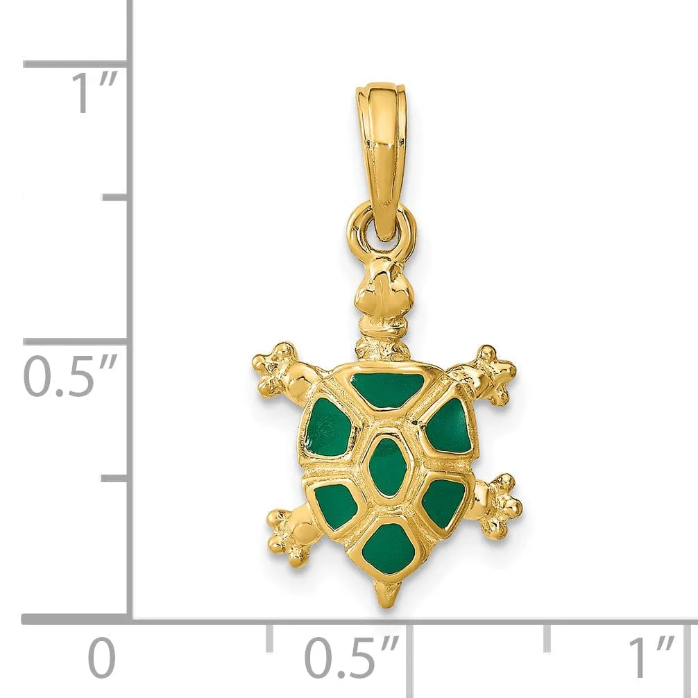 14k Yellow Gold Open Back Casted Solid Polished Finish Green Enamel Land Turtle Charm Pendant