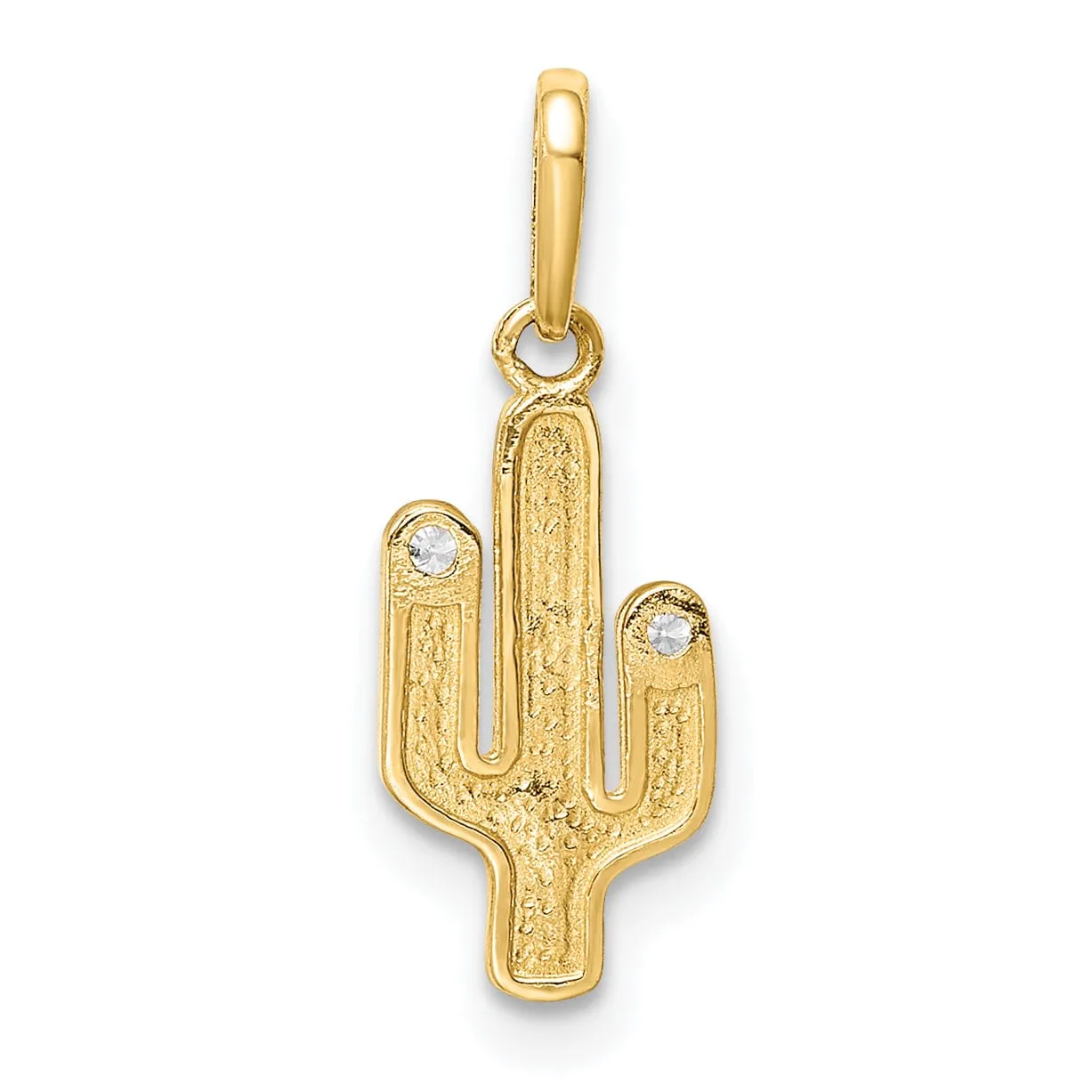 14K Yellow Gold Open Back Solid Polished Finish Cubic Zirconia Stones Cactus Design CHarm Pendant