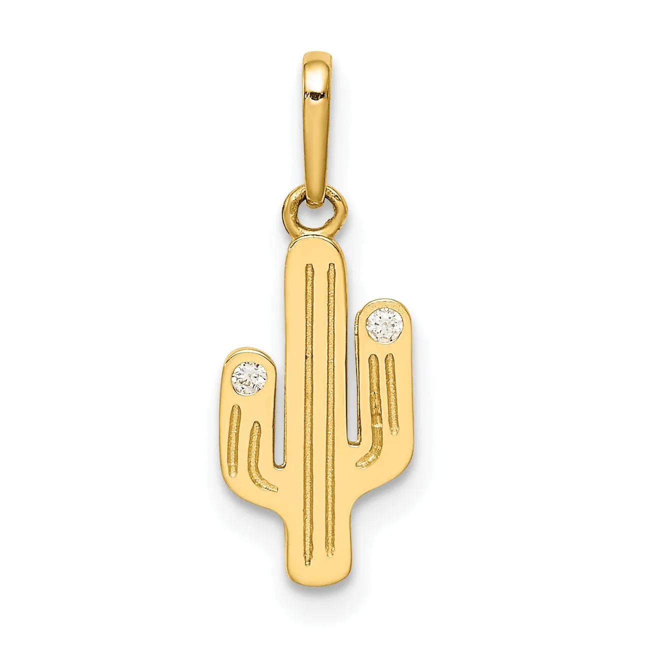 14K Yellow Gold Open Back Solid Polished Finish Cubic Zirconia Stones Cactus Design CHarm Pendant