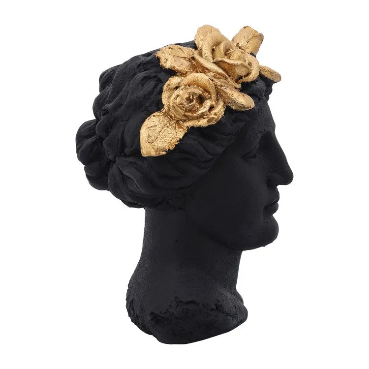 16" Polyresin Lady Head Planter with Roses Diadem - Black/Gold