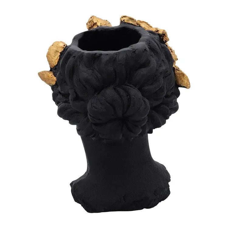 16" Polyresin Lady Head Planter with Roses Diadem - Black/Gold