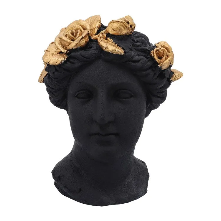 16" Polyresin Lady Head Planter with Roses Diadem - Black/Gold