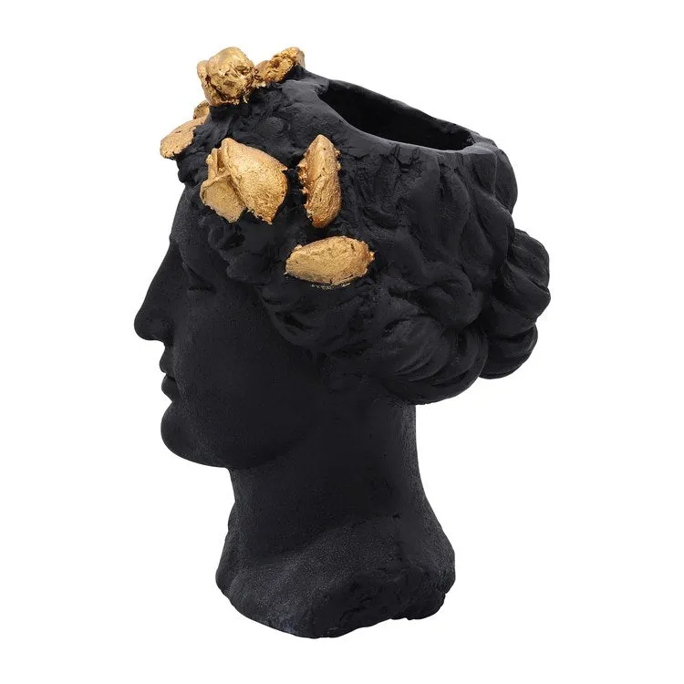 16" Polyresin Lady Head Planter with Roses Diadem - Black/Gold