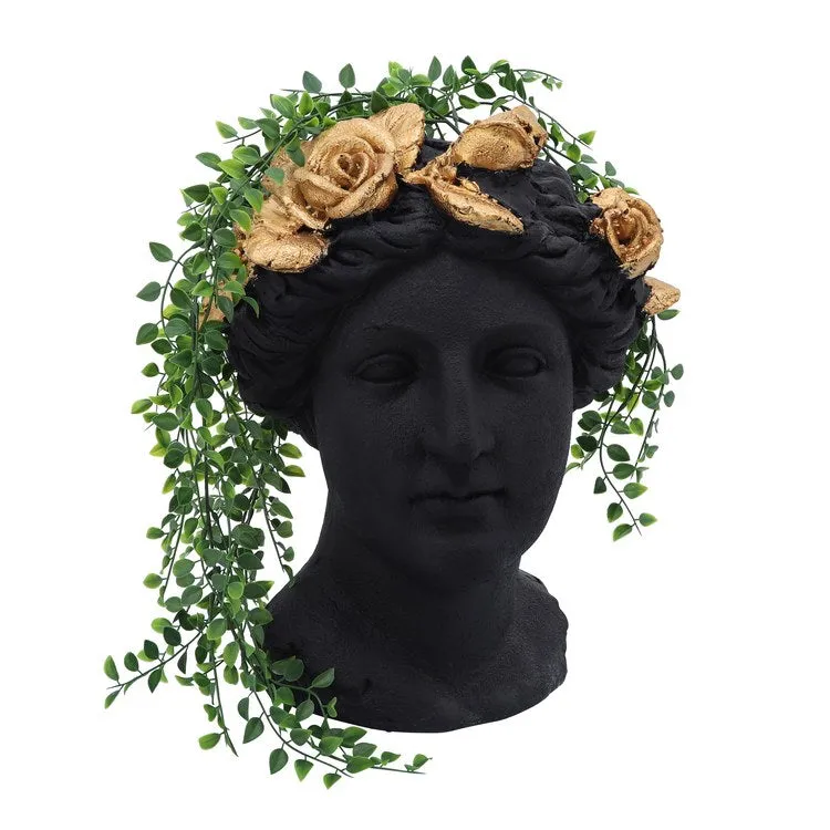 16" Polyresin Lady Head Planter with Roses Diadem - Black/Gold