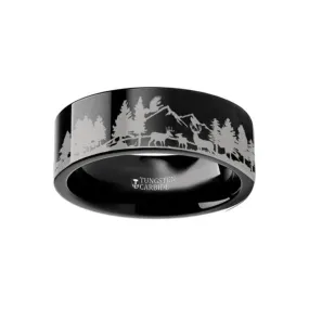 ASHLAND Deer Stag Mountain Range Canvas Engraved Black Tungsten Ring 4mm - 12mm