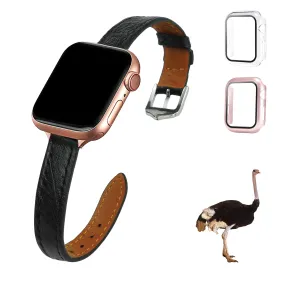 Black Flat Ostrich Leather Band Compatible Apple Watch Iwatch 40mm Screen Protector Case Silver Adapter Replacement Strap For Smartwatch Series 4 5 6 SE Leather Handmade AW-181S-W-40MM