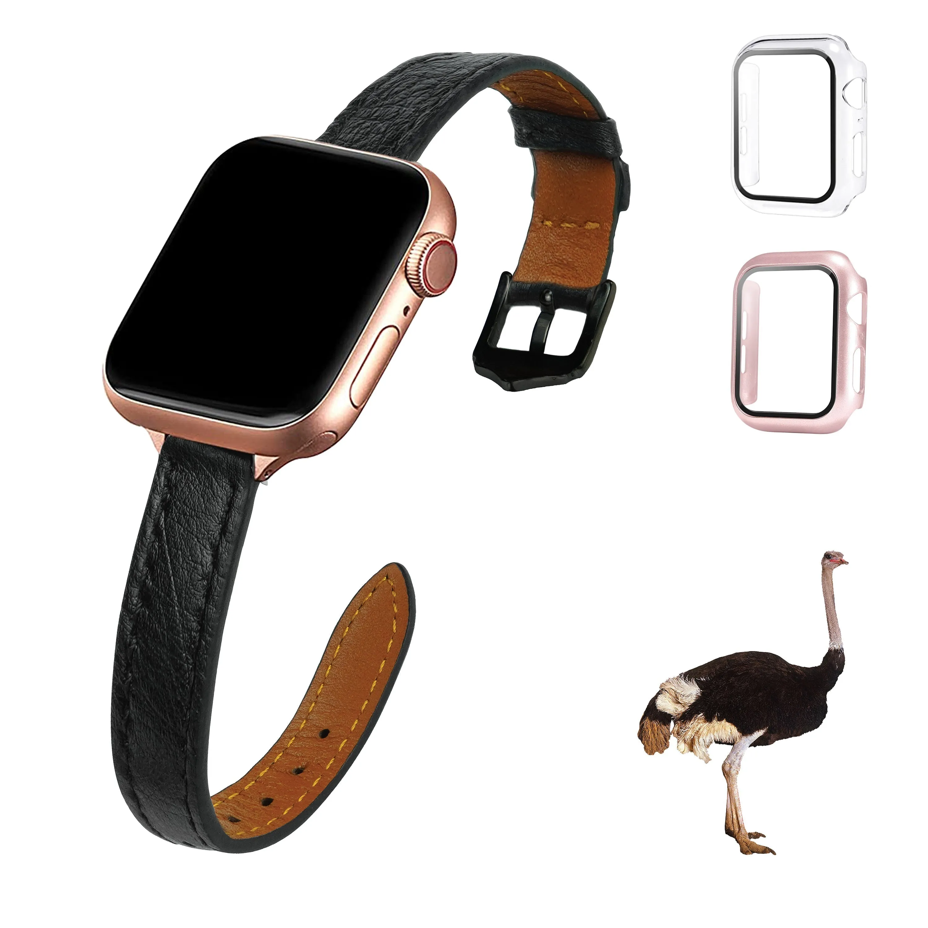 Black Flat Ostrich Leather Band Compatible Apple Watch Iwatch 44mm Screen Protector Case Elegant Vintage Replacement Strap For Smartwatch Series 4 5 6 SE Leather Handmade AW-181B-W-44MM