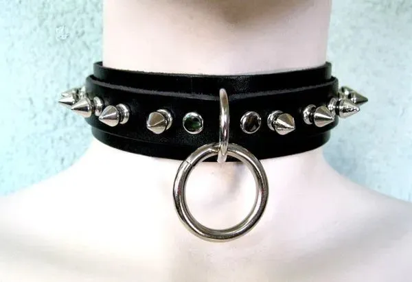 Black Leather Collar w/ Silver Tree Spikes and Hanging O Ring