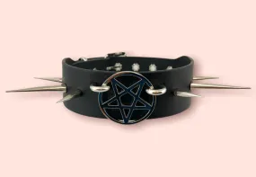 Black Leather Collar w/ Silver U Ring, Spikes and Pentagram