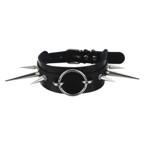 Black Vegan Leather Collar w/ Two Large Silver Spikes and Large Silver O Ring