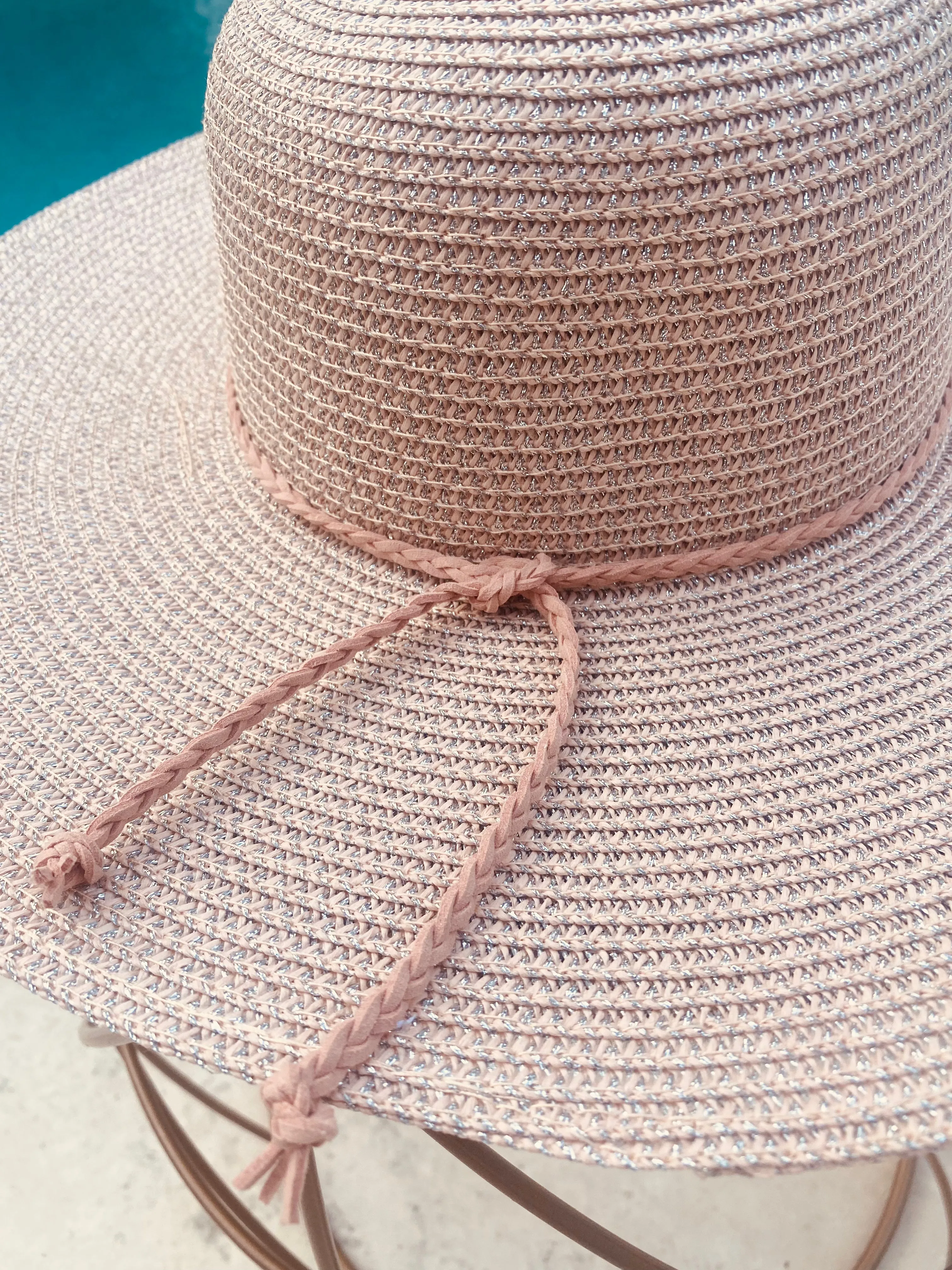 BLUSH SHIMMERY SUN LADIES ADJUSTABLE HAT WITH MAUVE SUEDE BRAIDED BAND