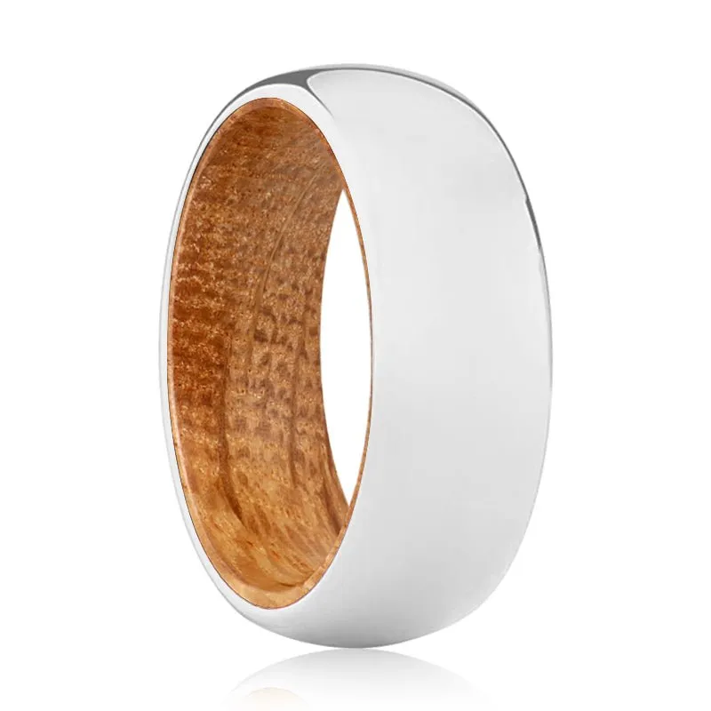 BRAVERY | Whiskey Barrel Wood, Silver Tungsten Ring, Shiny, Domed