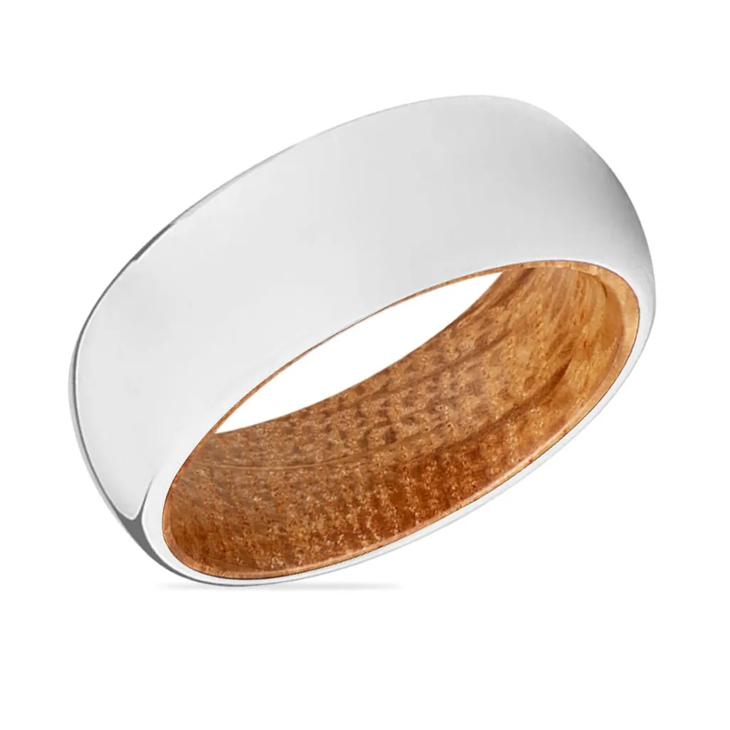 BRAVERY | Whiskey Barrel Wood, Silver Tungsten Ring, Shiny, Domed