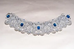 Cerise White Gold  Sapphire Blue Choker and Jhumka Earring Set By Jaipur Rose Designer Modern Indian Jewelry