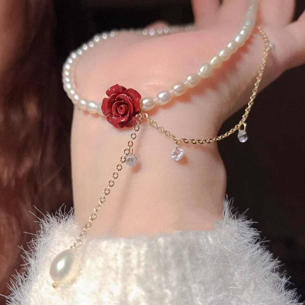 Charming Rhinestone Tassel Rose Pearl Chain Choker Necklace