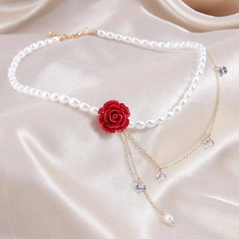 Charming Rhinestone Tassel Rose Pearl Chain Choker Necklace