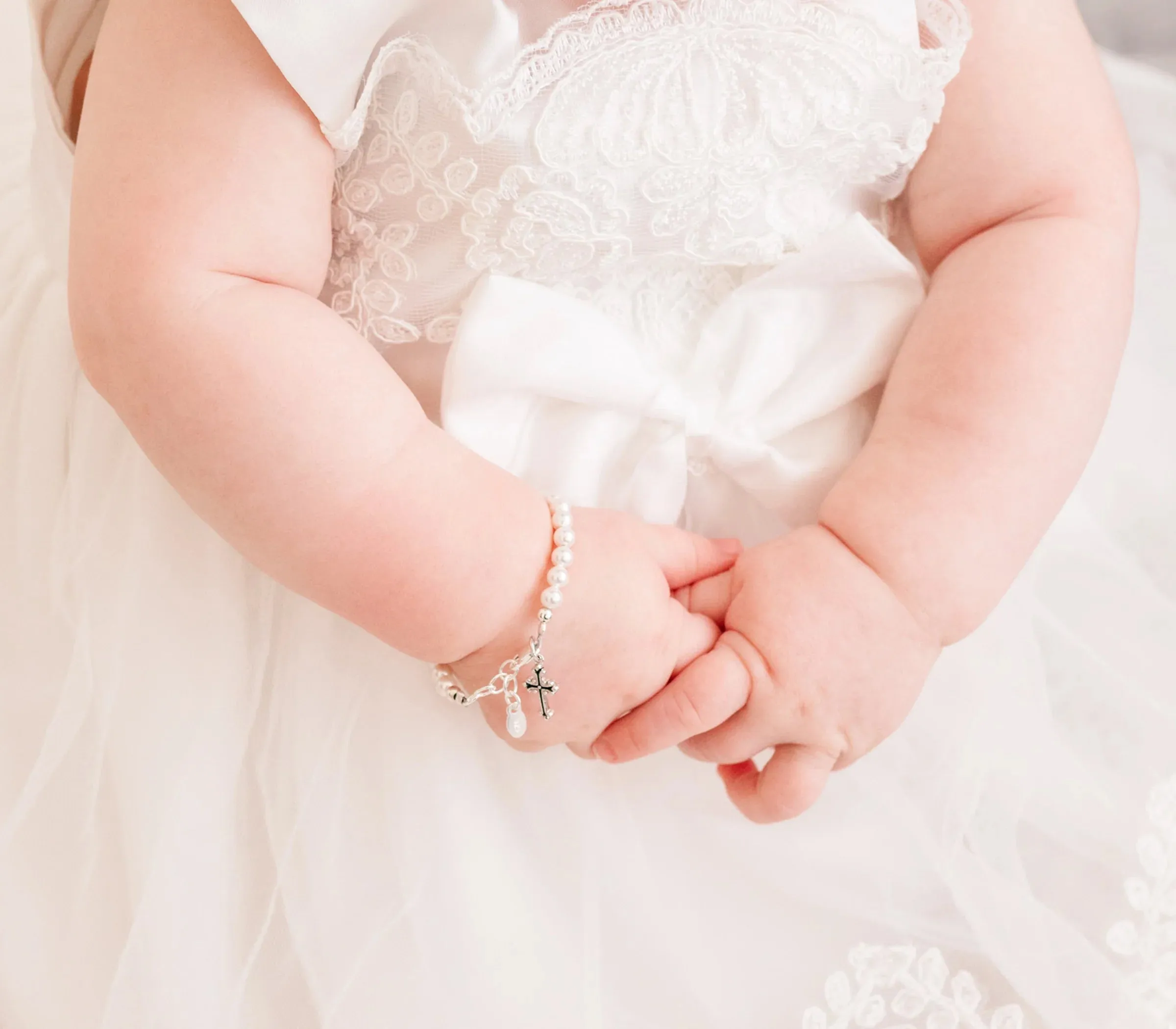 Cherished Moments Sterling Silver Simulated Pearl with Cross Baptism Small Bracelet