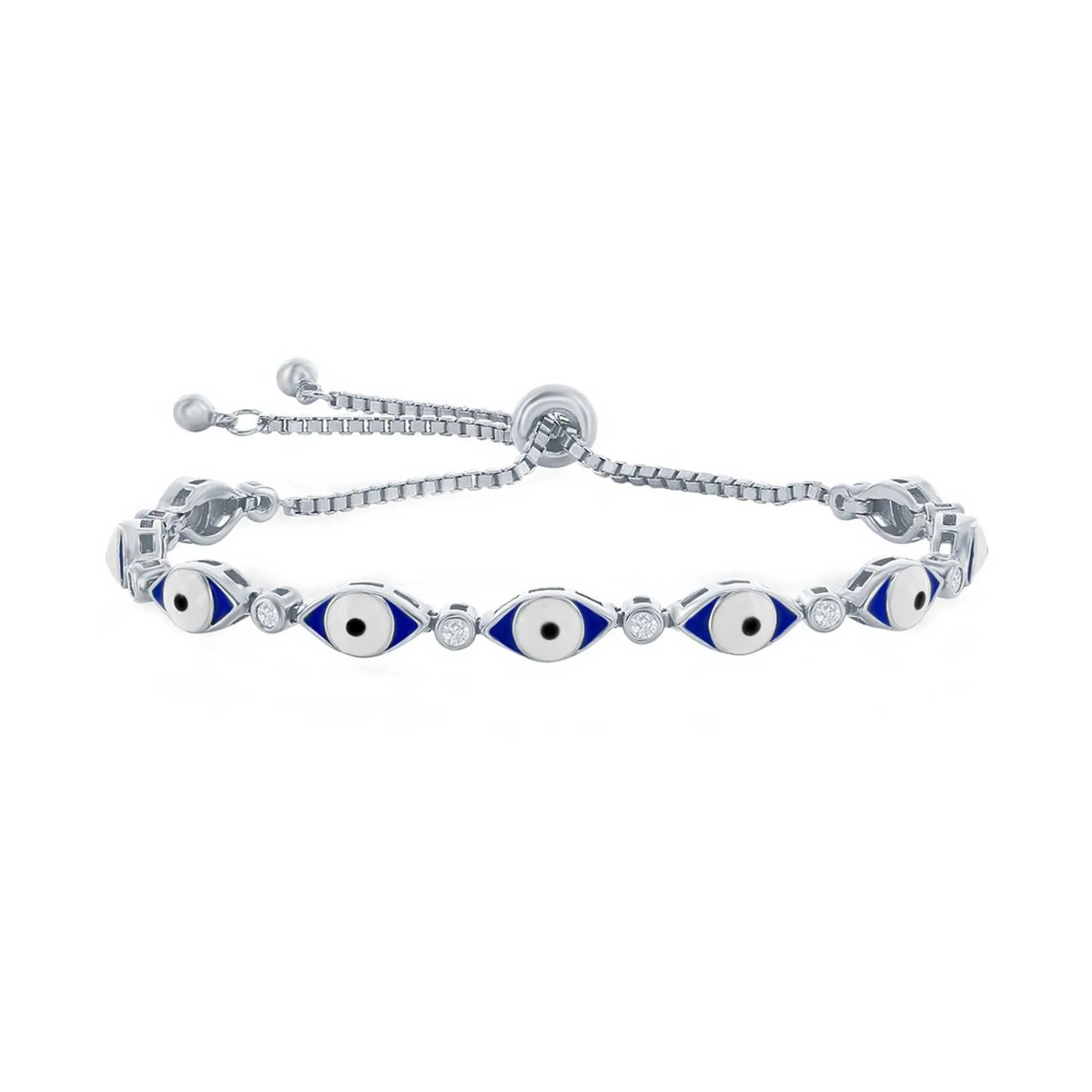 Classic Women's Bracelet - Sterling Silver Blue Enamel Evil Eye with CZ | T-8019