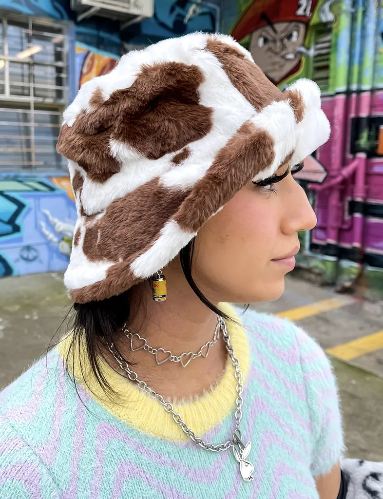 COW PRINT FUZZY HAT - DARK BROWN