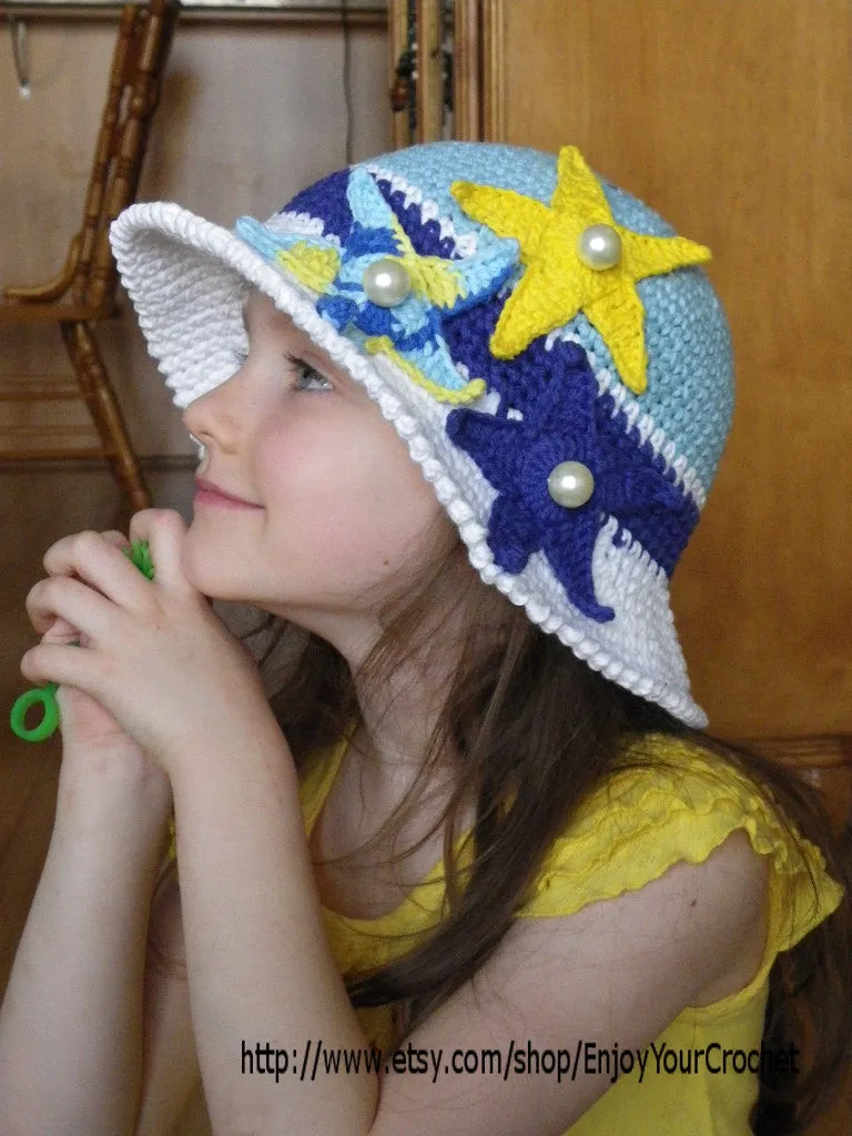 CROCHET HAT PATTERN-Summer Hat Pattern, Baby Beach Hat, Crochet Sun Hat, Summer Hat, Child, Brim, Ocean, Starfish, Sea Star,Baby, Girl, Kids