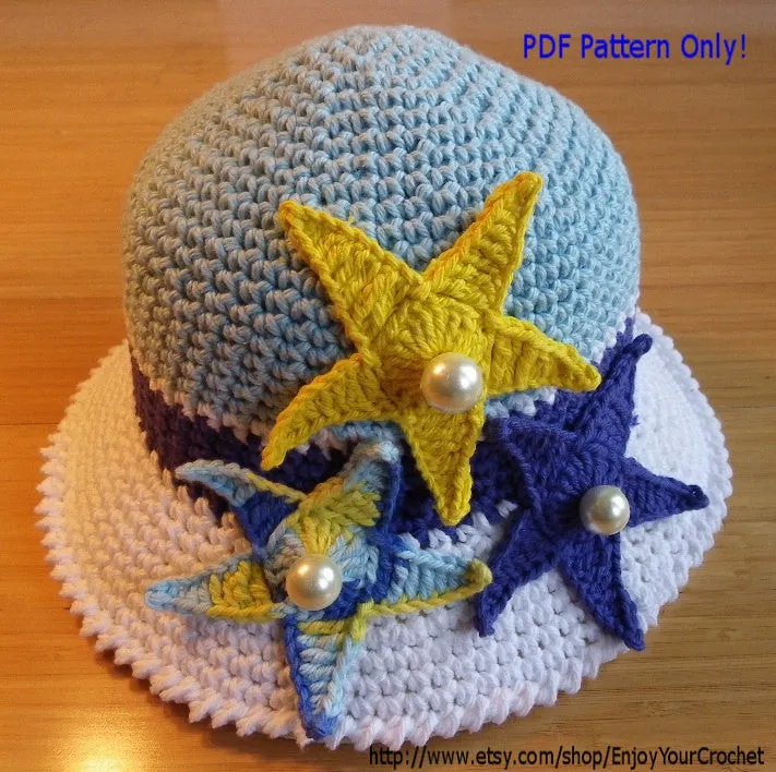 CROCHET HAT PATTERN-Summer Hat Pattern, Baby Beach Hat, Crochet Sun Hat, Summer Hat, Child, Brim, Ocean, Starfish, Sea Star,Baby, Girl, Kids