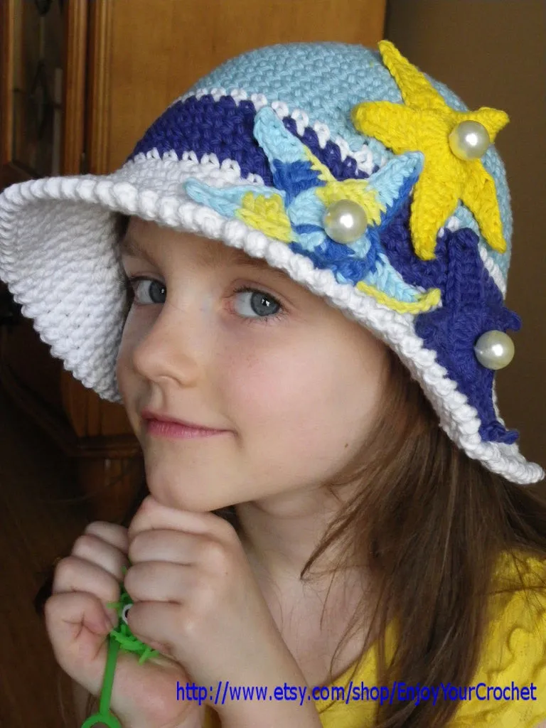 CROCHET HAT PATTERN-Summer Hat Pattern, Baby Beach Hat, Crochet Sun Hat, Summer Hat, Child, Brim, Ocean, Starfish, Sea Star,Baby, Girl, Kids