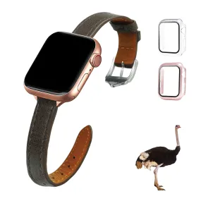 Dark Brown Flat Ostrich Leather Band Compatible Apple Watch Iwatch 44mm Screen Protector Case Silver Adapter Replacement Strap For Smartwatch Series 4 5 6 Leather Handmade AW-183S-W-44MM