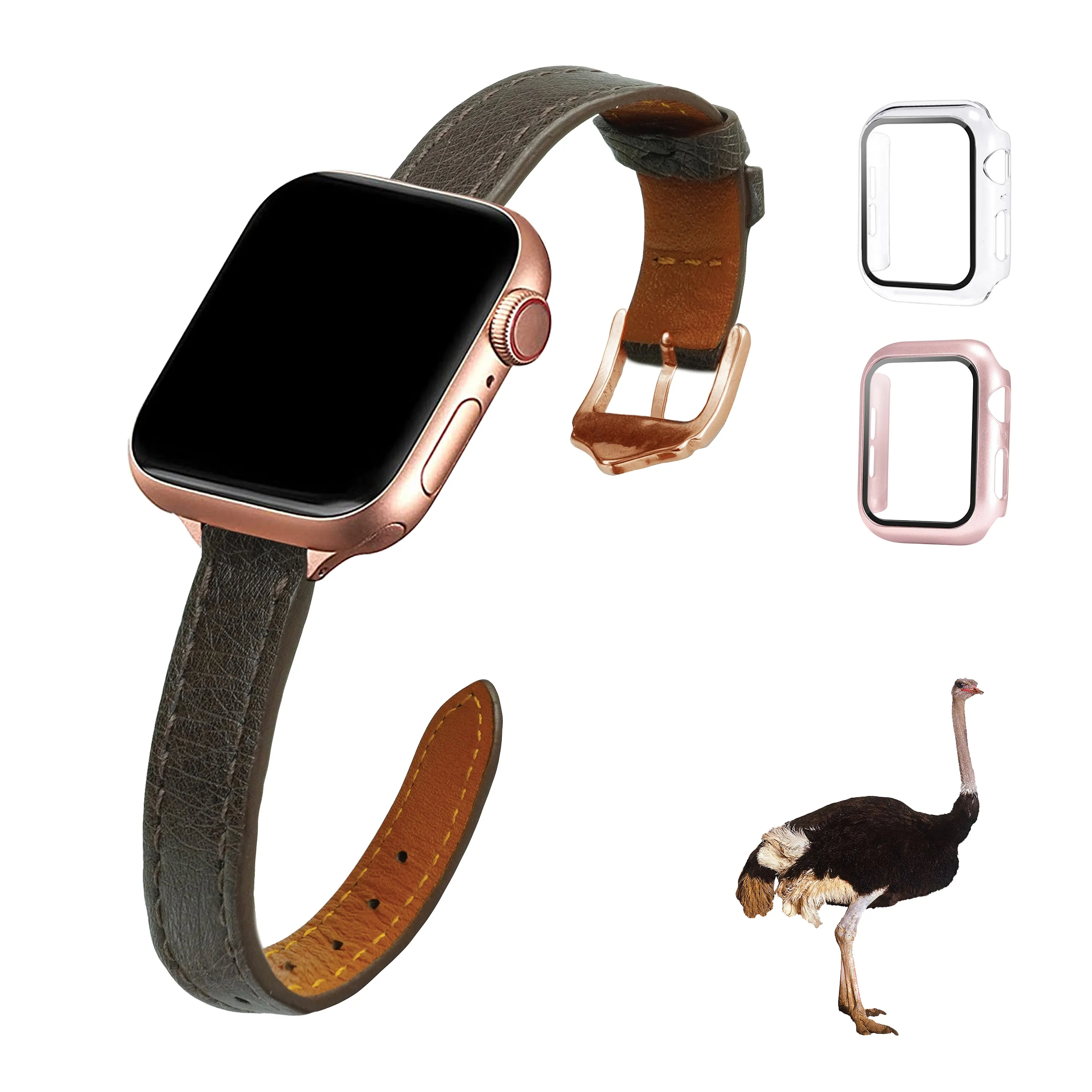 Dark Brown Flat Ostrich Leather Band Compatible Apple Watch Iwatch 49mm Screen Protector Case Gold Adapter Replacement Strap For Smartwatch Series 7 8 Leather Handmade AW-183G-W-49MM