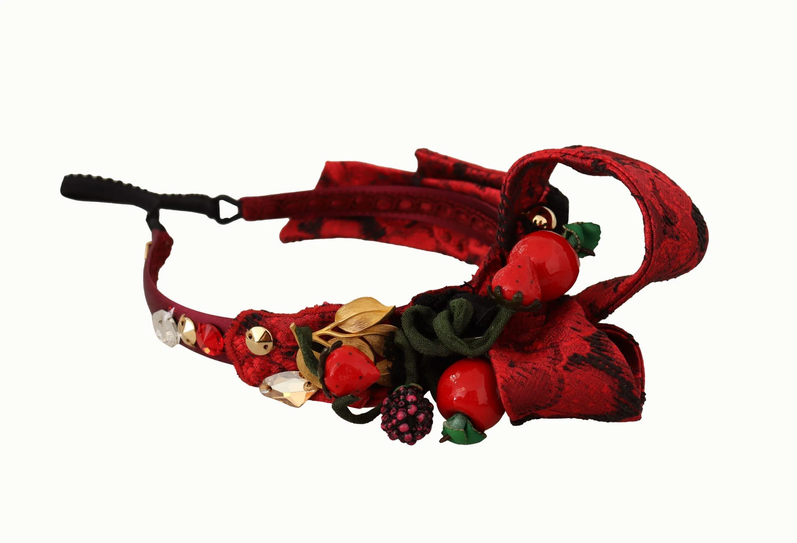 Dolce & Gabbana Cherry Silk Crystal Bow Logo Diadem Tiara Headband