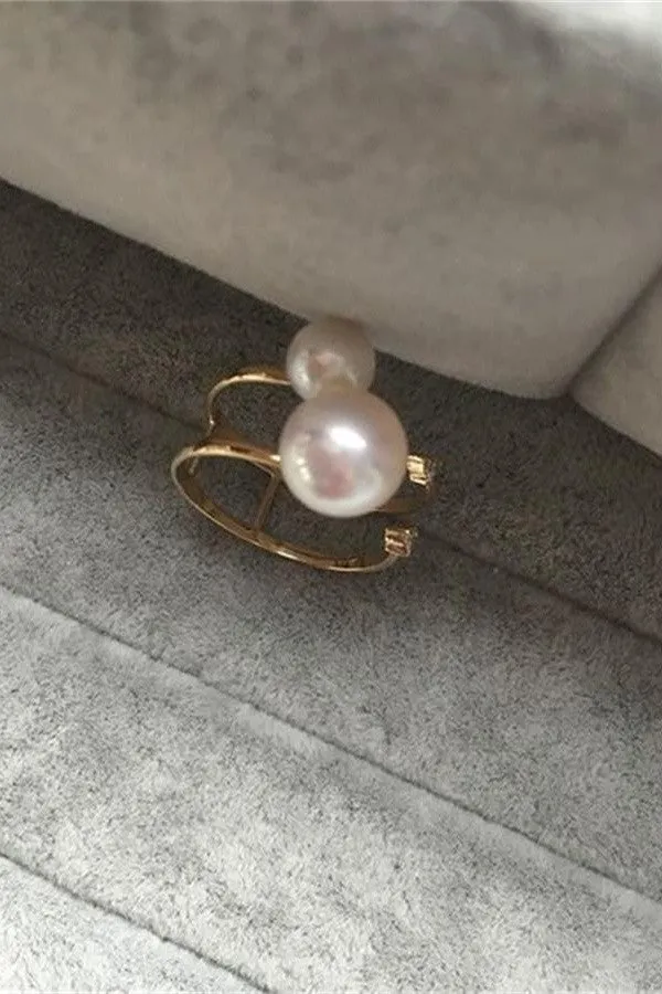 Double Pearl Ring with 18K Band and Transparent Zircon P21