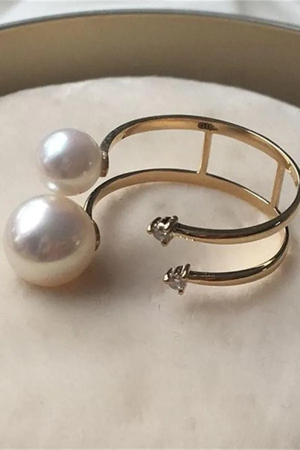 Double Pearl Ring with 18K Band and Transparent Zircon P21