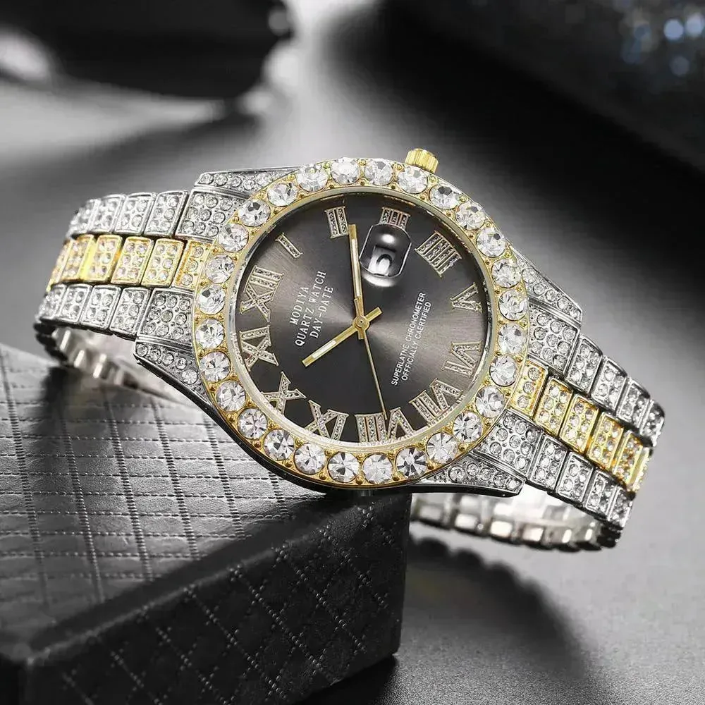 Full Diamond Surface Roman Scale Steel Watch Unisex Wrist Watch