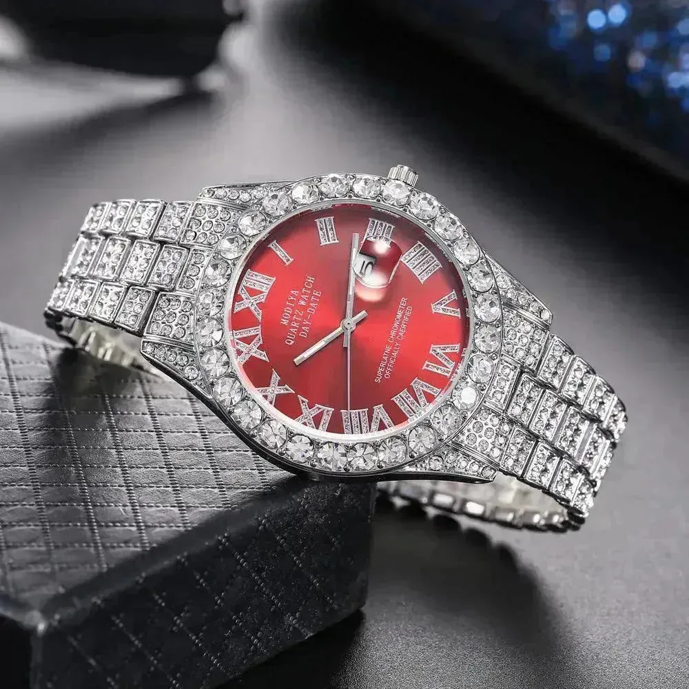 Full Diamond Surface Roman Scale Steel Watch Unisex Wrist Watch