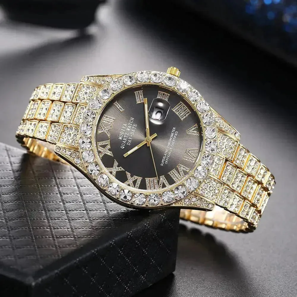 Full Diamond Surface Roman Scale Steel Watch Unisex Wrist Watch