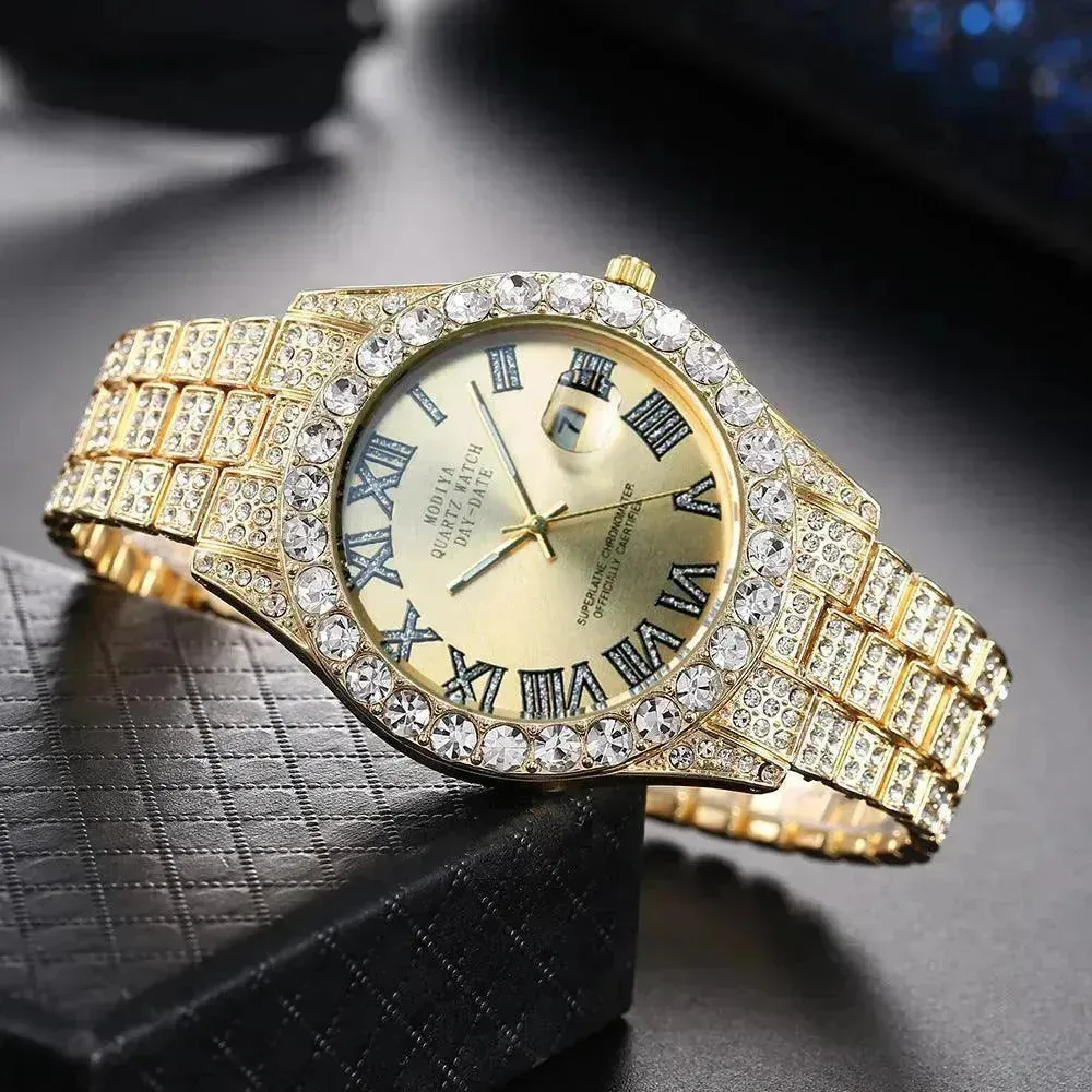 Full Diamond Surface Roman Scale Steel Watch Unisex Wrist Watch