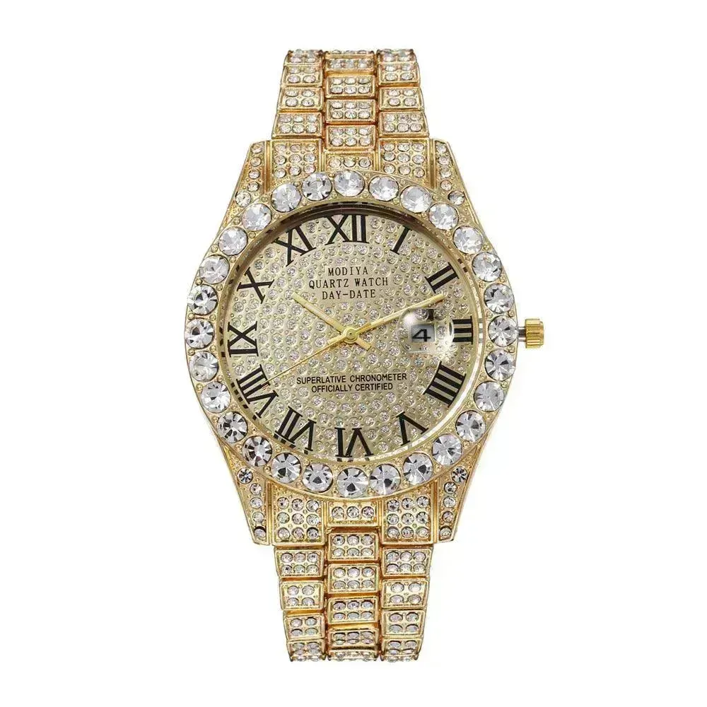 Full Diamond Surface Roman Scale Steel Watch Unisex Wrist Watch