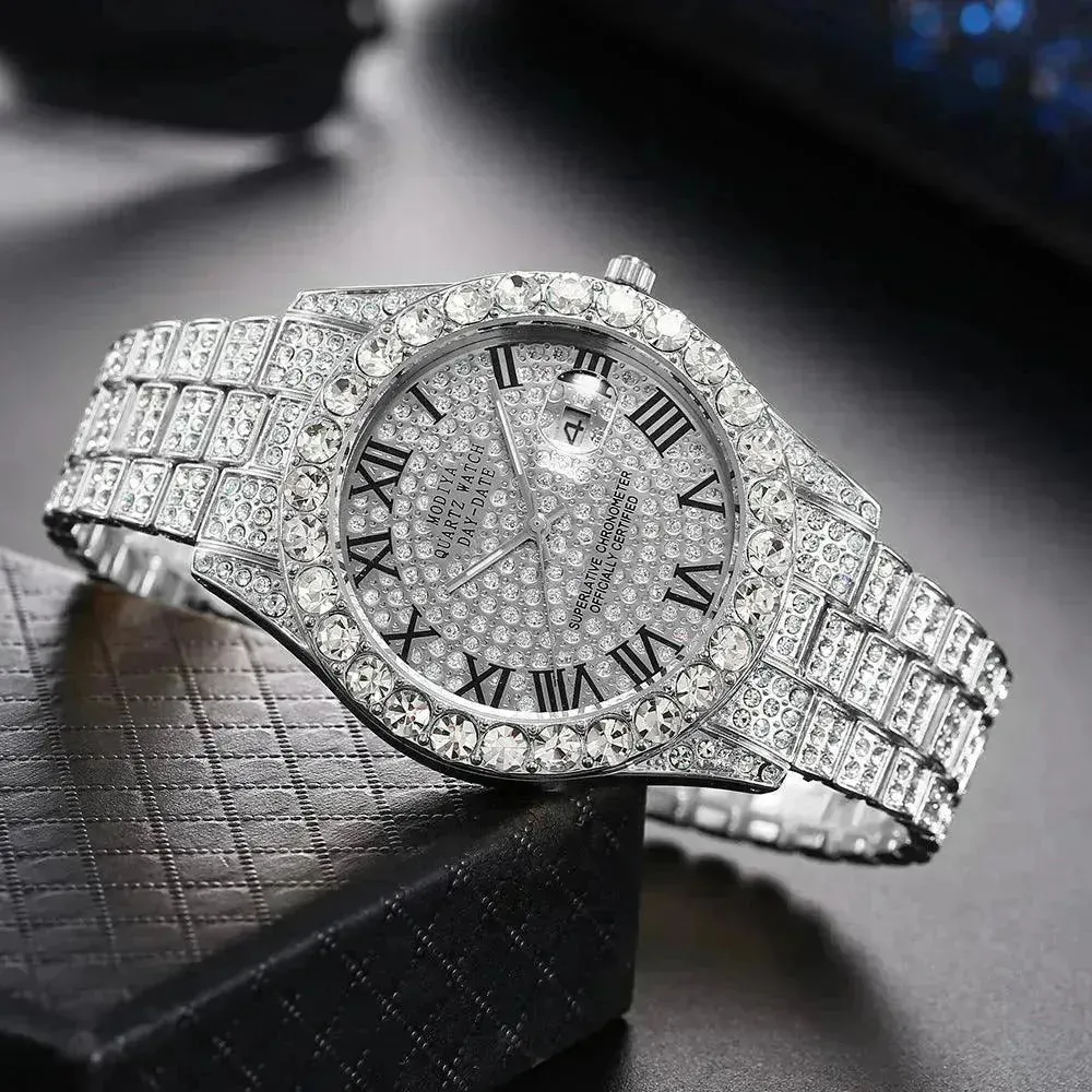 Full Diamond Surface Roman Scale Steel Watch Unisex Wrist Watch