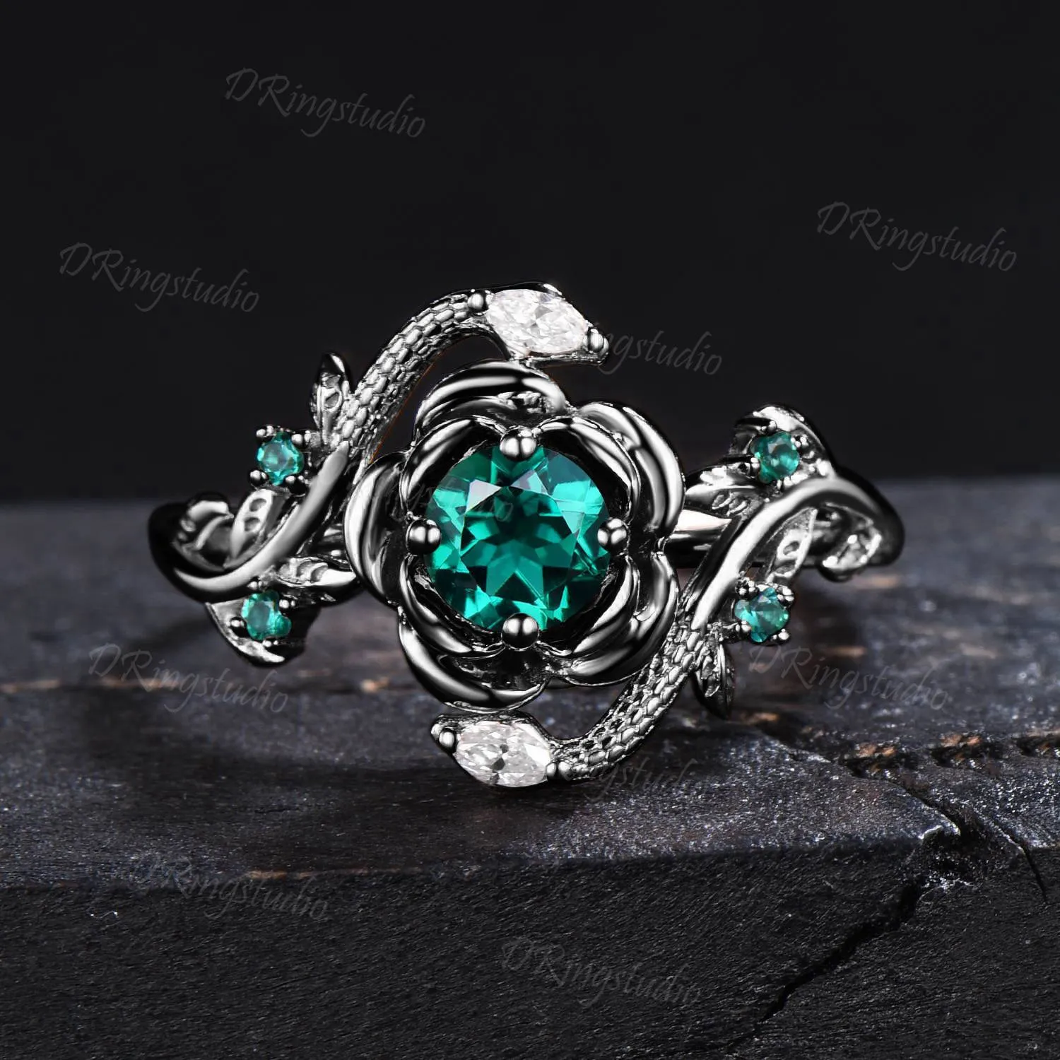 Gold Snake Ring 5mm Round Emerald Engagement Ring Nature Style Twig Leaf Emerald Moissanite Serpent Wedding Ring May Birthstone Women Gifts