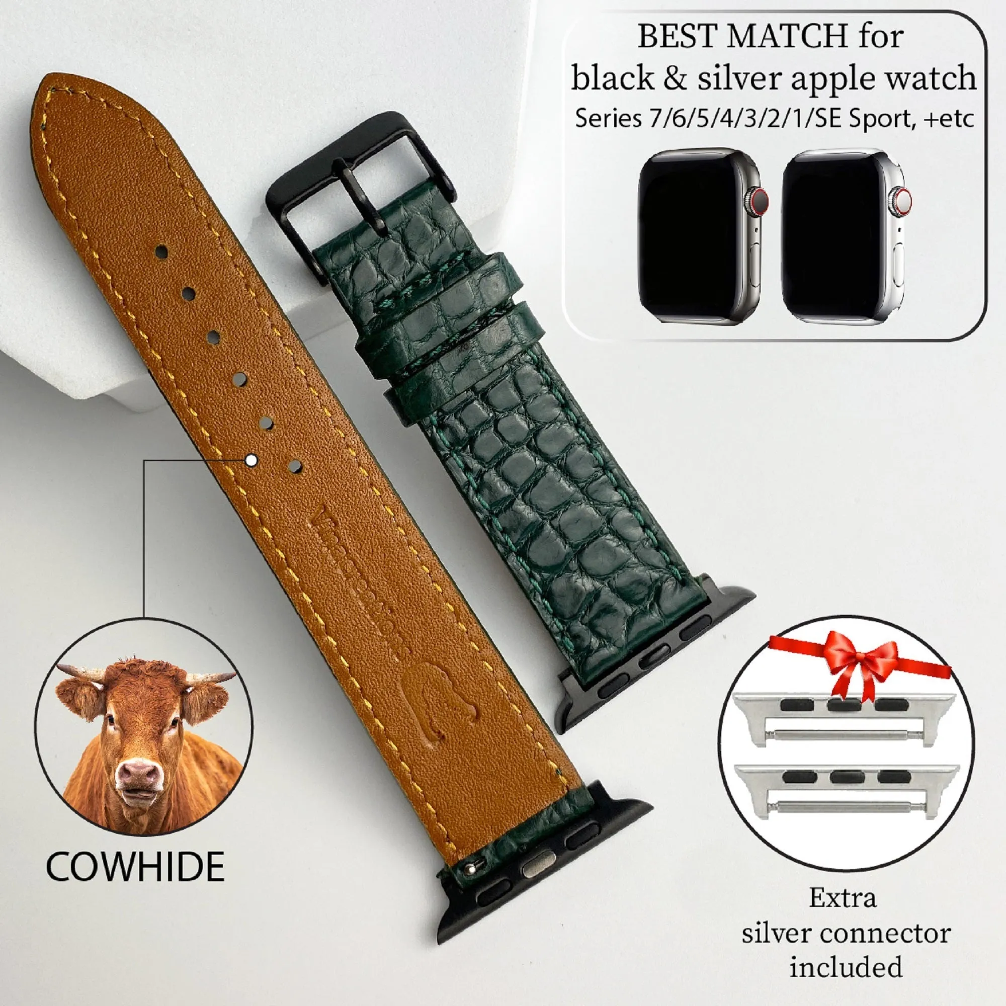 Green Flat Alligator Leather Strap for Apple Watch Ultra Series 8 7 6 5 4 3 SE | AW-28