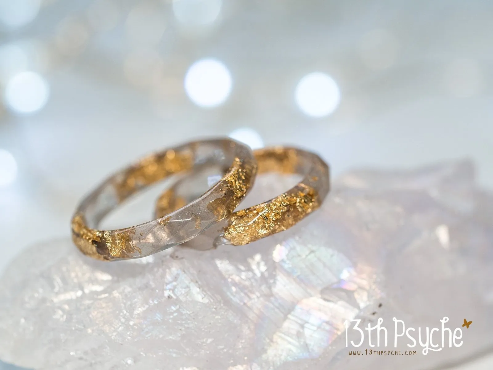 Grey and gold flakes faceted resin ring