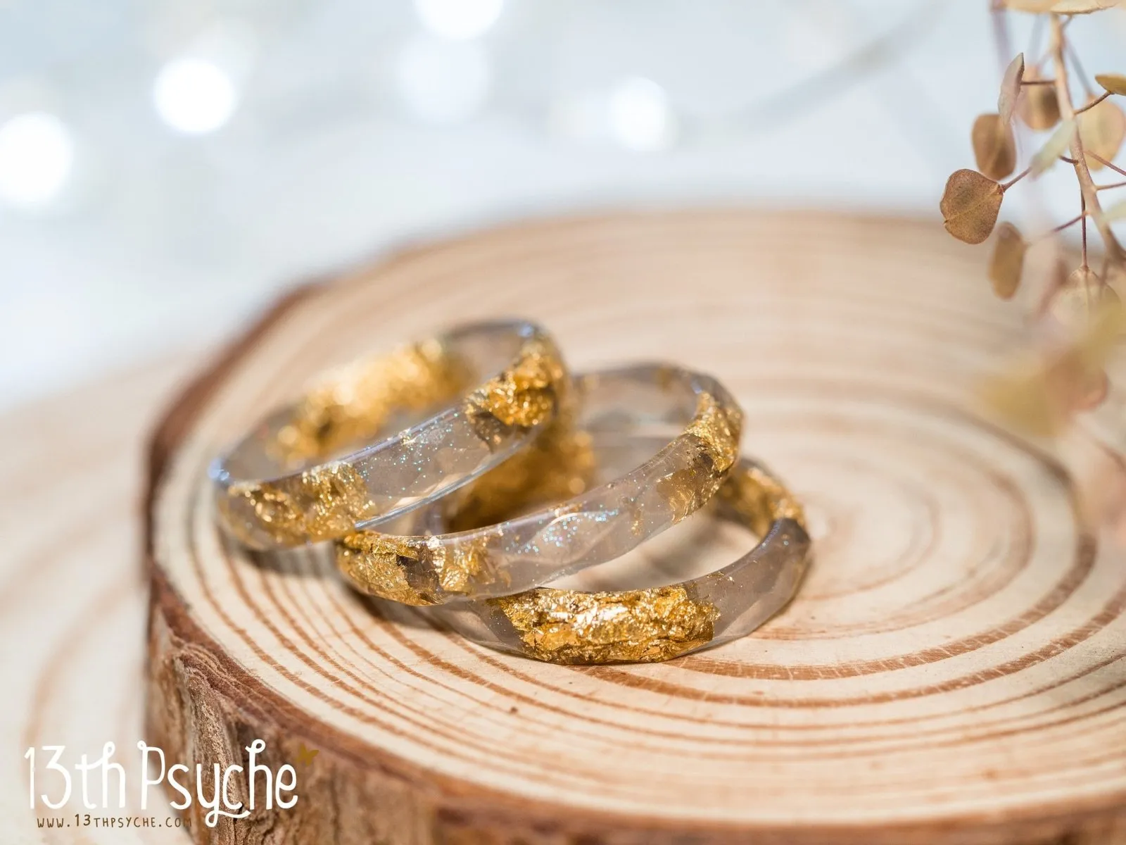 Grey and gold flakes faceted resin ring