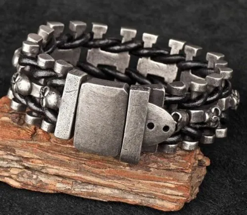 Gunmetal Stainless Steel Leather Skull Biker Chain Bracelet