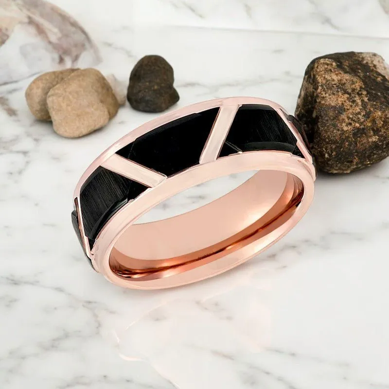 HILVEN | Rose Gold Tungsten Ring, Black Trapezoids Design, Stepped Edge