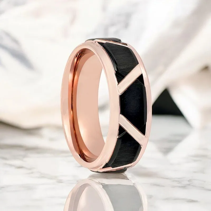 HILVEN | Rose Gold Tungsten Ring, Black Trapezoids Design, Stepped Edge