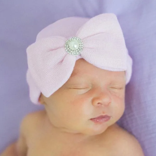 ilybean Aria Pink Big Bow Newborn Girl Hospital Hat with Pearl Rhinestone